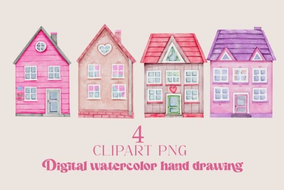 Elevate Your Designs with Houses Watercolor Illustration 4 Items