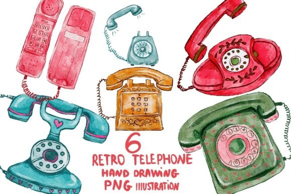 Vintage Charm: Watercolor Telephone Retro Style Png